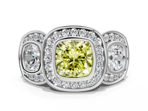 White gold Three-Stone Fancy Yellow Cushion Cut Halo Pavé Diamond Ring_12