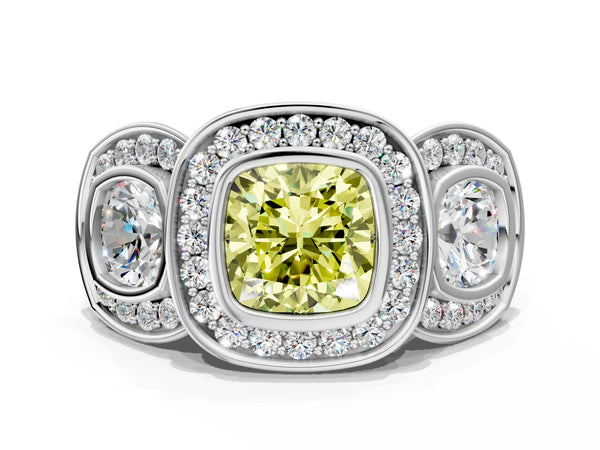 White gold Three-Stone Fancy Yellow Cushion Cut Halo Pavé Diamond Ring