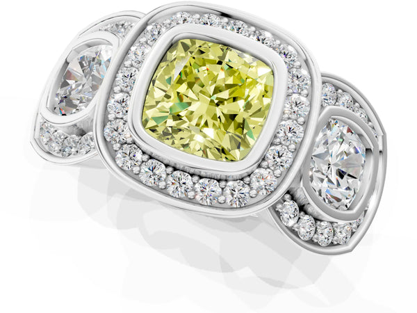 White gold Three-Stone Fancy Yellow Cushion Cut Halo Pavé Diamond Ring