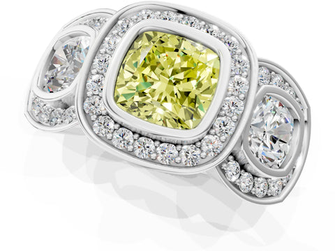 White gold Three-Stone Fancy Yellow Cushion Cut Halo Pavé Diamond Ring_13