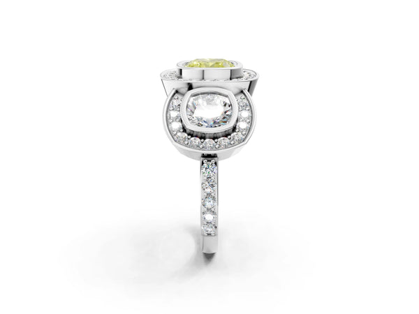 White gold Three-Stone Fancy Yellow Cushion Cut Halo Pavé Diamond Ring