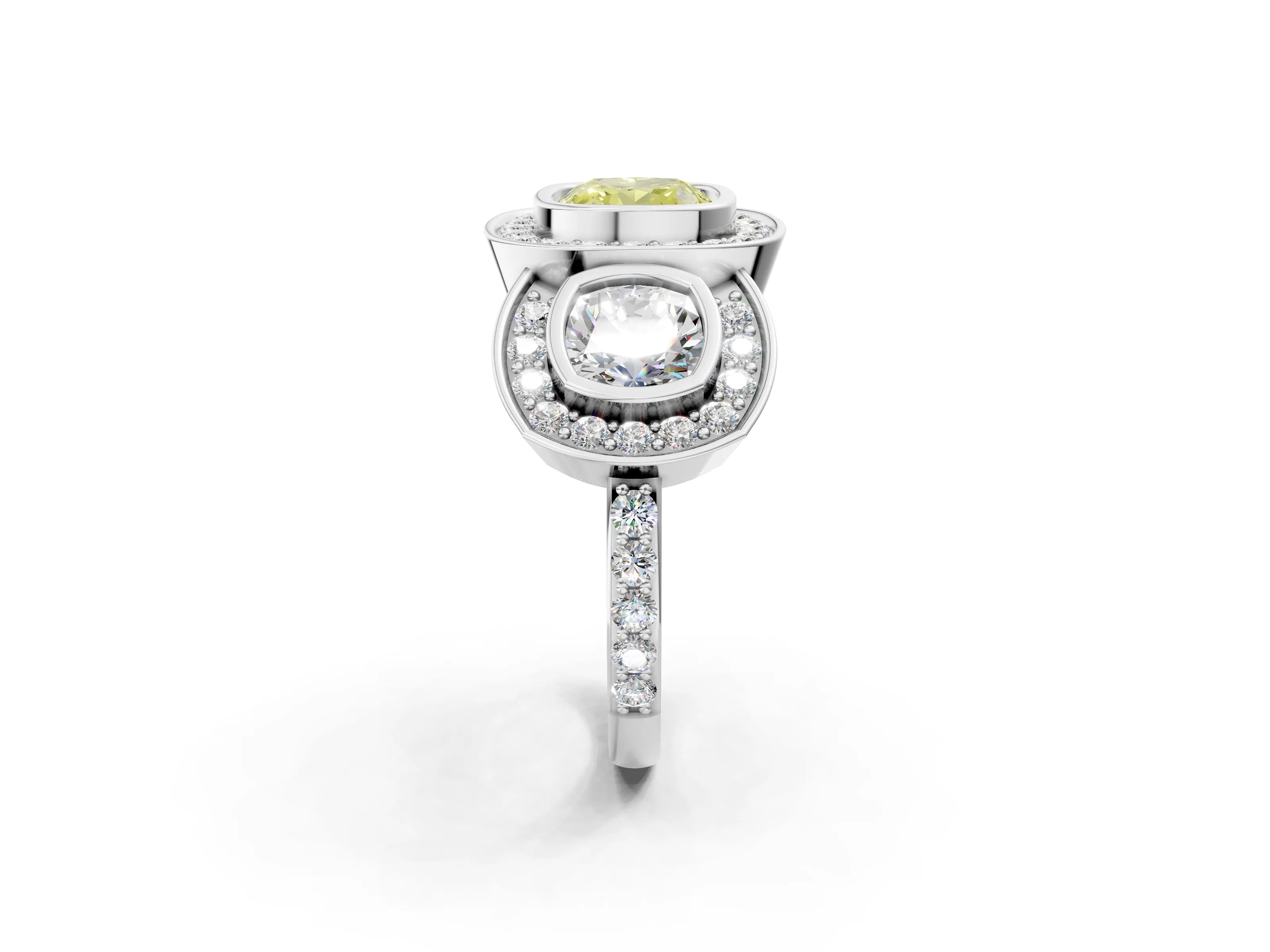 White gold Three-Stone Fancy Yellow Cushion Cut Halo Pavé Diamond Ring_14