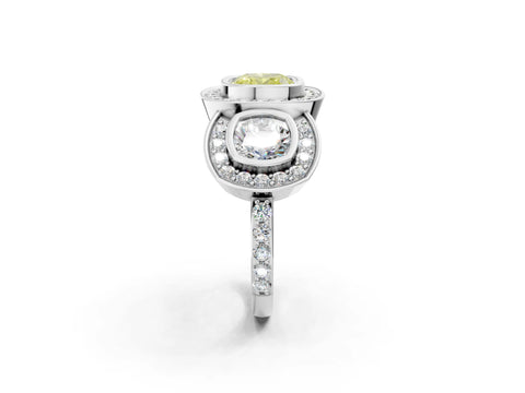 White gold Three-Stone Fancy Yellow Cushion Cut Halo Pavé Diamond Ring_14