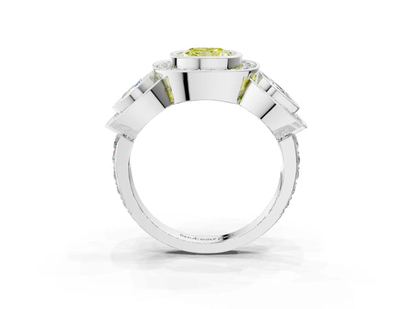 White gold Three-Stone Fancy Yellow Cushion Cut Halo Pavé Diamond Ring