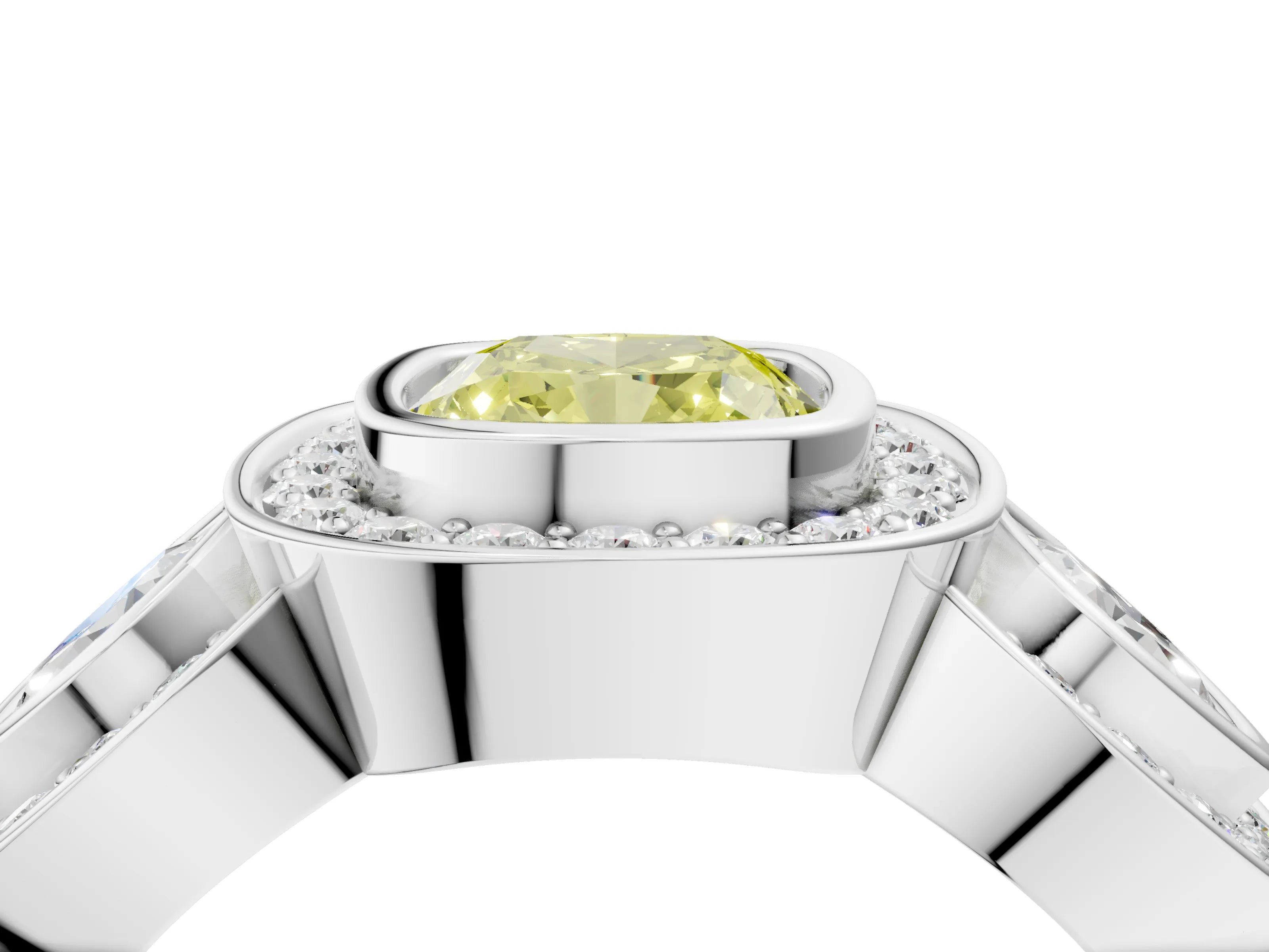 White gold Three-Stone Fancy Yellow Cushion Cut Halo Pavé Diamond Ring_16