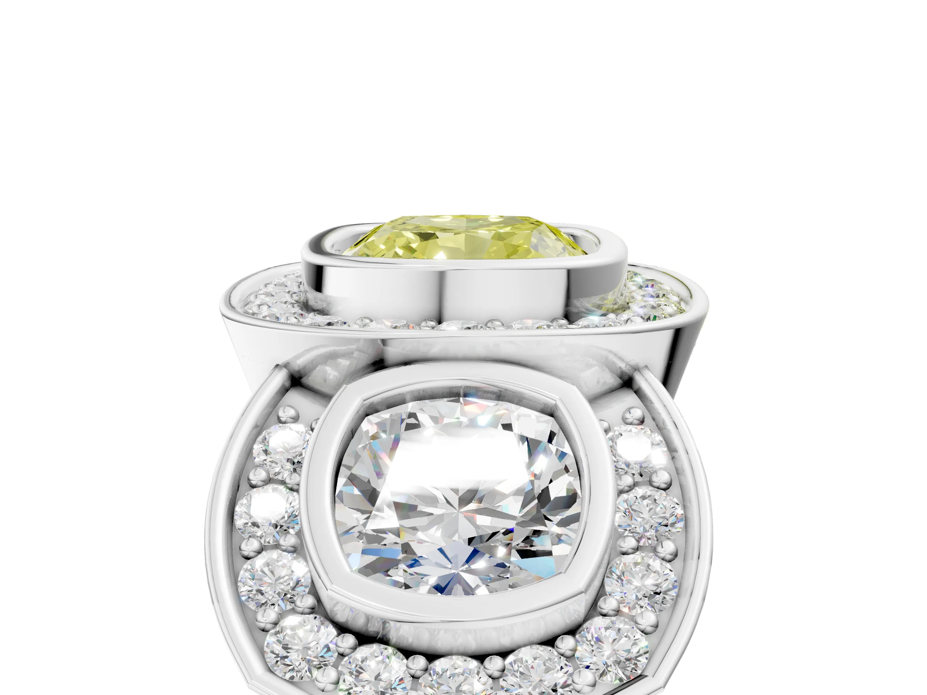 White gold Three-Stone Fancy Yellow Cushion Cut Halo Pavé Diamond Ring_17