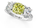 White gold Three-Stone Fancy Yellow Cushion  Diamond Milgrain Pave Band with Prong Setting 1