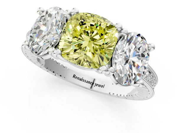White gold Three-Stone Fancy Yellow Cushion  Diamond Milgrain Pave Band with Prong Setting