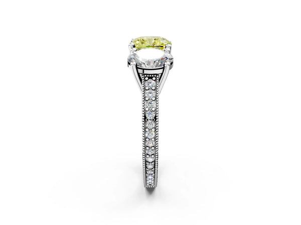 White gold Three-Stone Fancy Yellow Cushion  Diamond Milgrain Pave Band with Prong Setting