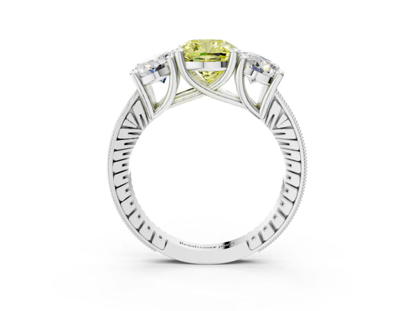 White gold Three-Stone Fancy Yellow Cushion  Diamond Milgrain Pave Band with Prong Setting