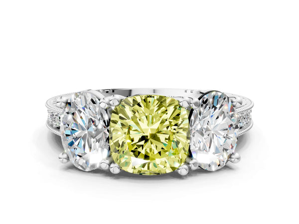 White gold Three-Stone Fancy Yellow Cushion  Diamond Milgrain Pave Band with Prong Setting