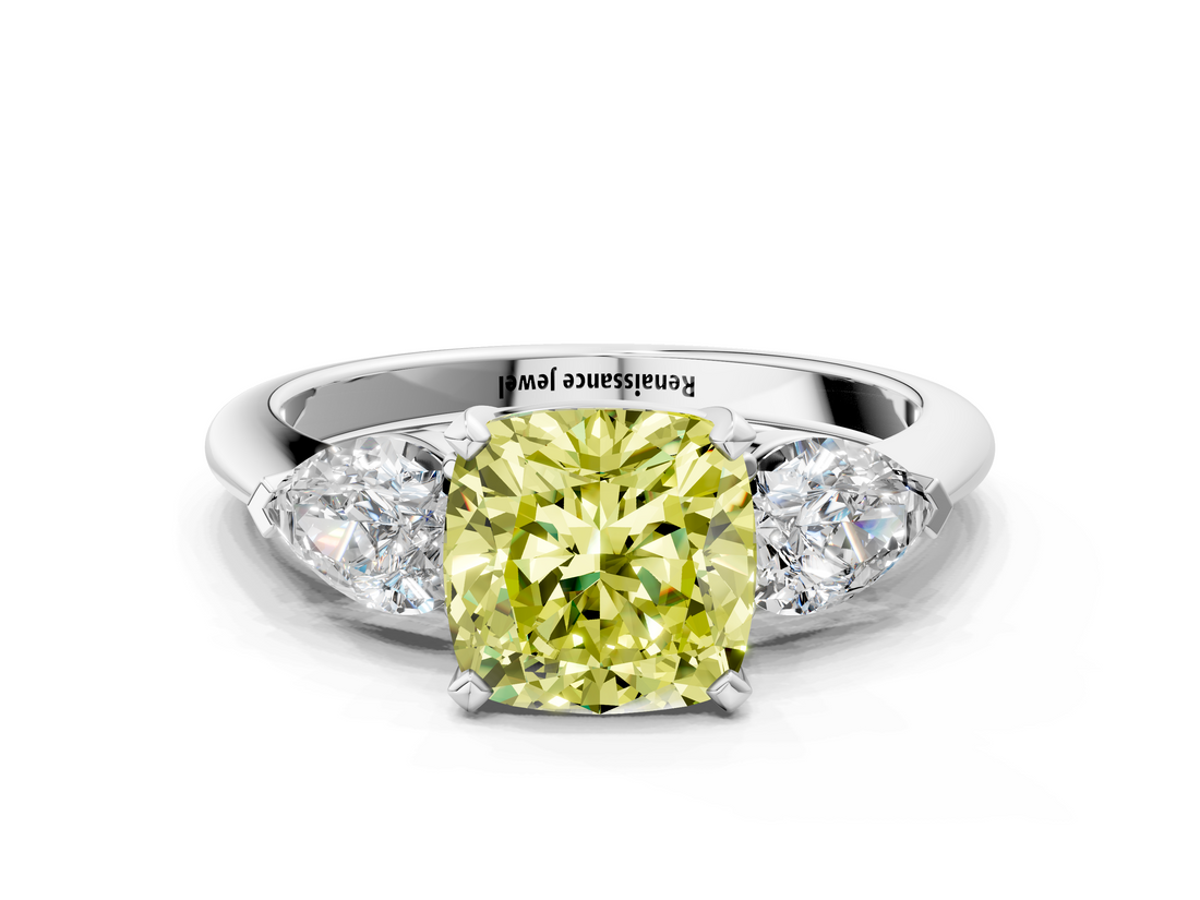 White gold Three-Stone Fancy Yellow Cushion  Diamond Ring with Pear Side Stones in Four-Prong Setting_61