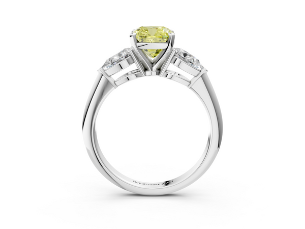 Platinum Three-Stone Fancy Yellow Cushion Cut Diamond Ring with Pear Side Stones and Four-Prong Setting