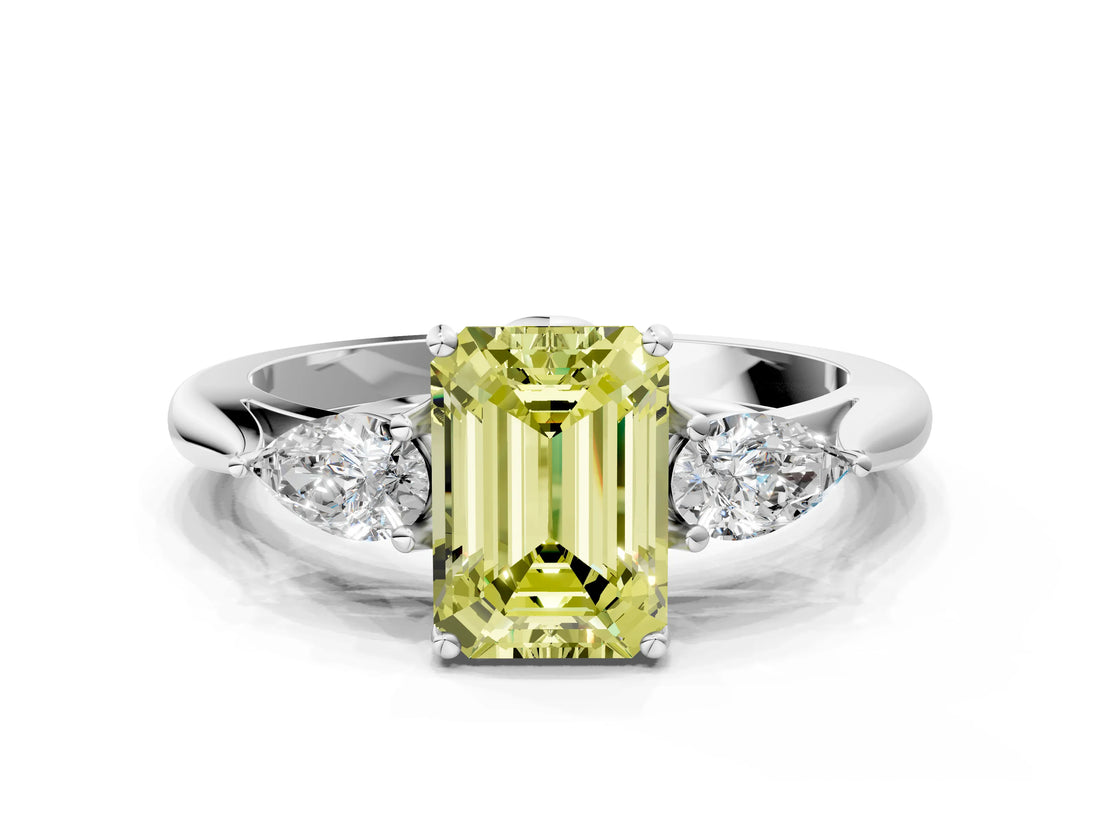 White gold Three-Stone Fancy Yellow Emerald Cut Brilliant Diamond Solitaire Ring with Tapered Band and Four-Prong Setting_31