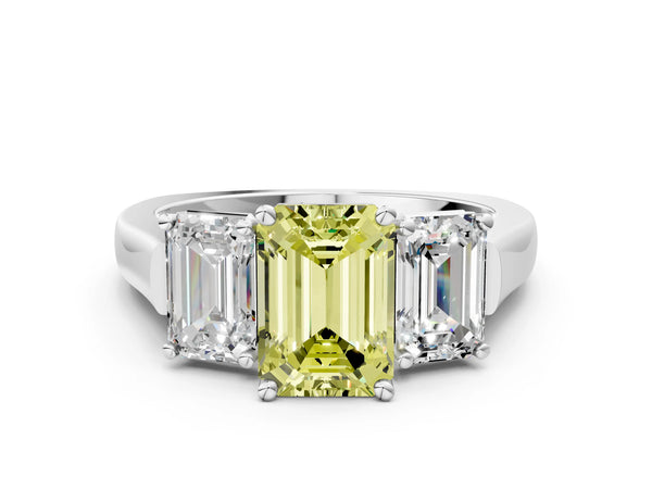 White gold Three-Stone Fancy Yellow Emerald Cut Brilliant Diamond Trellis Ring with Comfort Fit Band