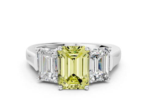 White gold Three-Stone Fancy Yellow Emerald Cut Brilliant Diamond Trellis Ring with Comfort Fit Band_12
