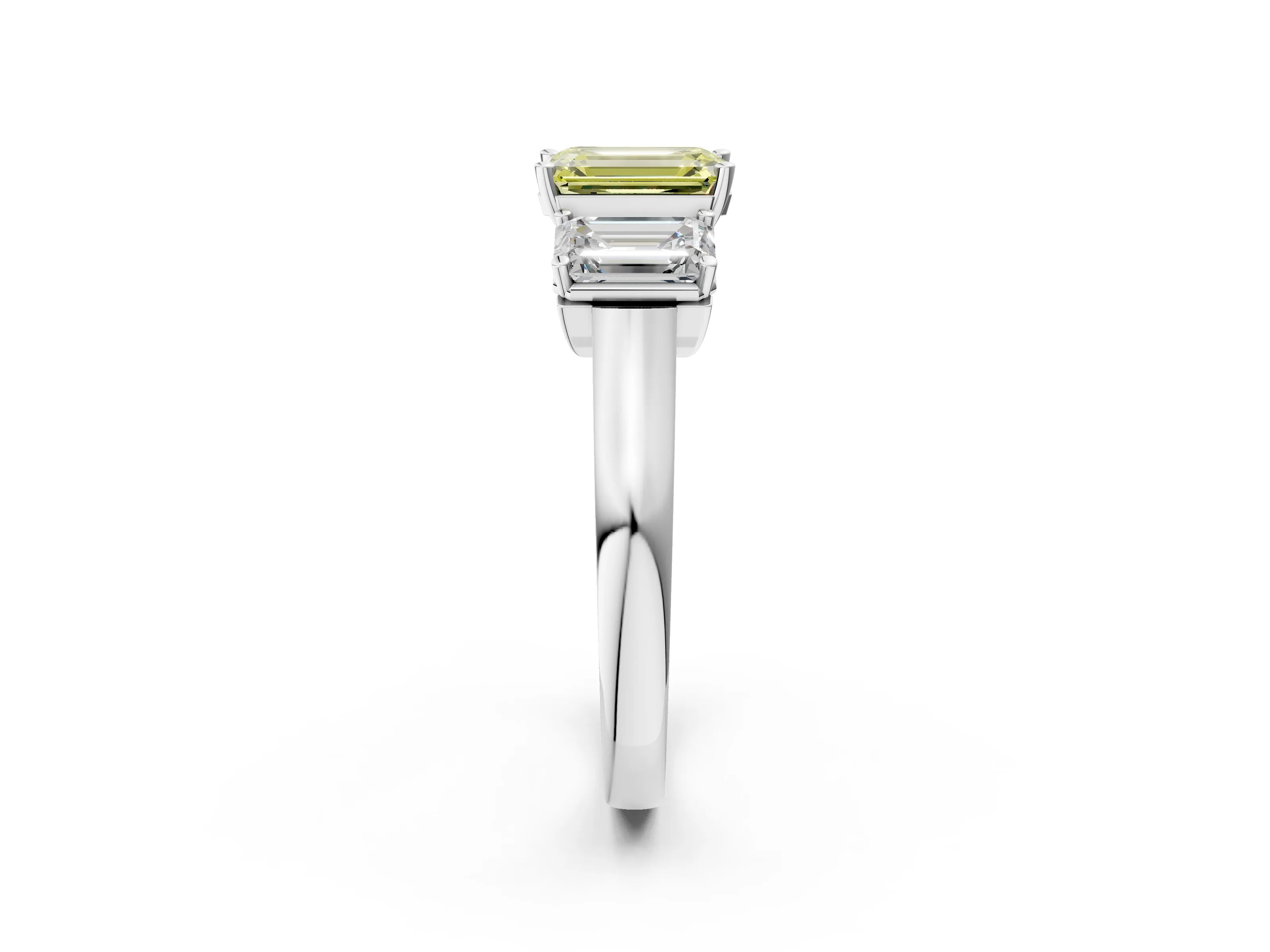 White gold Three-Stone Fancy Yellow Emerald Cut Brilliant Diamond Trellis Ring with Comfort Fit Band_14