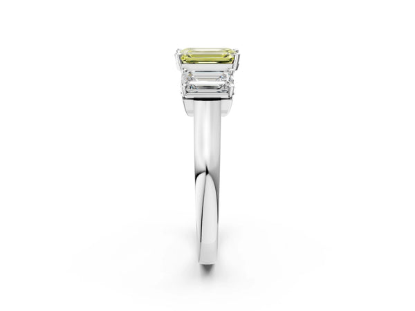 White gold Three-Stone Fancy Yellow Emerald Cut Brilliant Diamond Trellis Ring with Comfort Fit Band