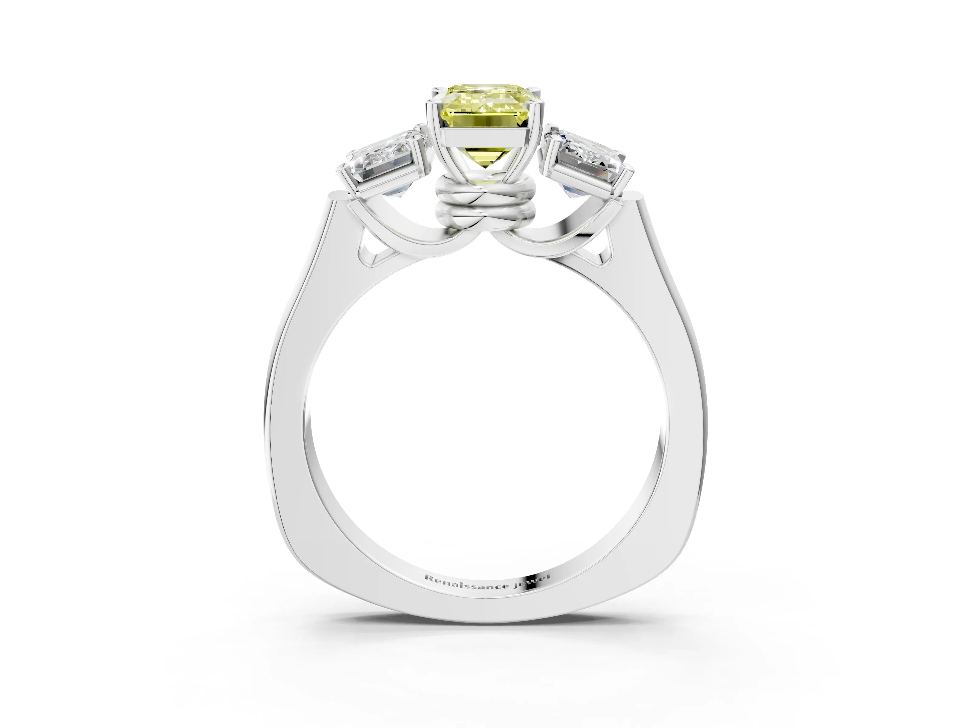 White gold Three-Stone Fancy Yellow Emerald Cut Brilliant Diamond Trellis Ring with Comfort Fit Band_15