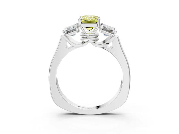 White gold Three-Stone Fancy Yellow Emerald Cut Brilliant Diamond Trellis Ring with Comfort Fit Band