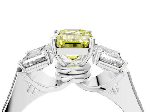 White gold Three-Stone Fancy Yellow Emerald Cut Brilliant Diamond Trellis Ring with Comfort Fit Band_16
