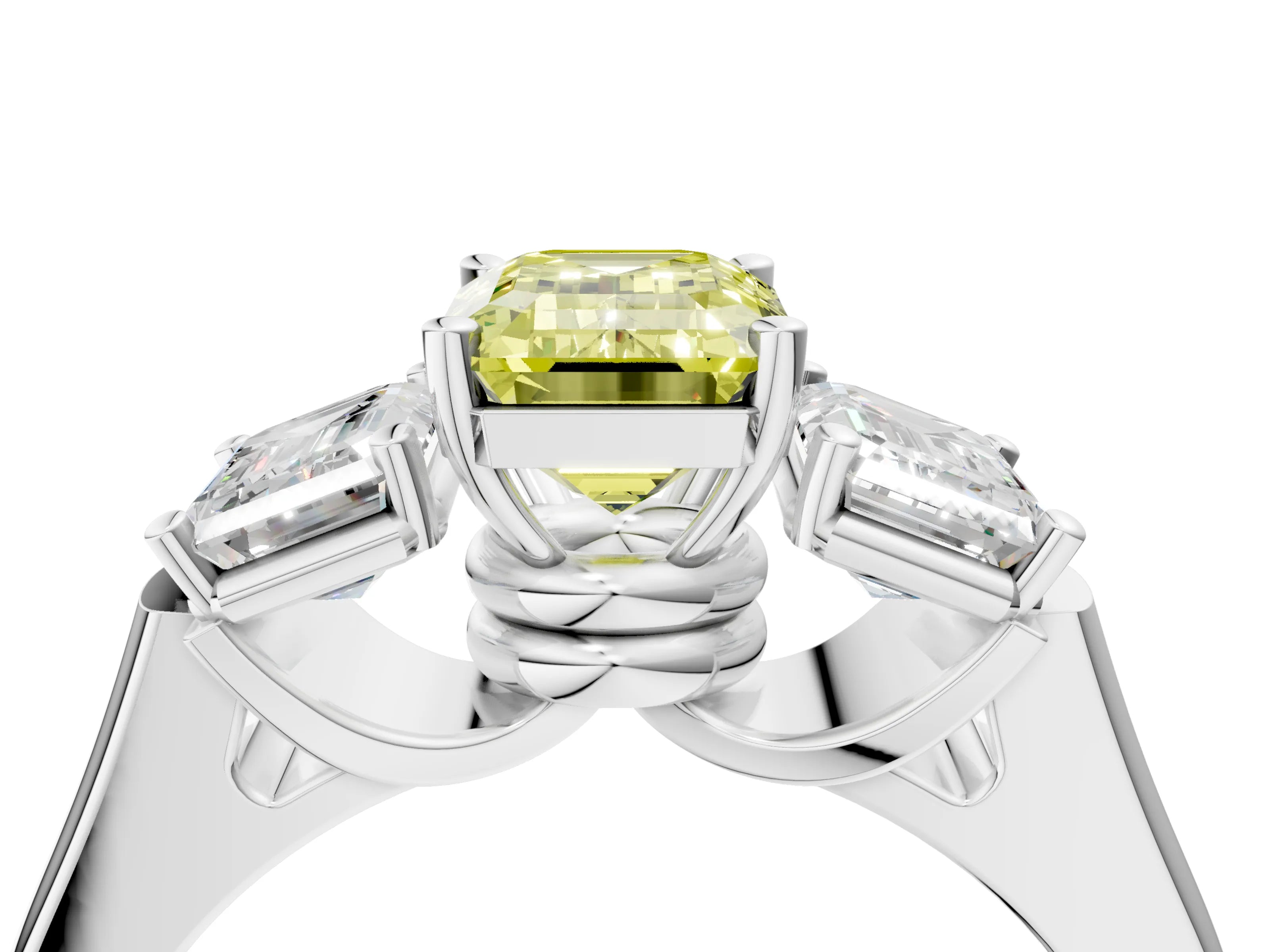 White gold Three-Stone Fancy Yellow Emerald Cut Brilliant Diamond Trellis Ring with Comfort Fit Band_16