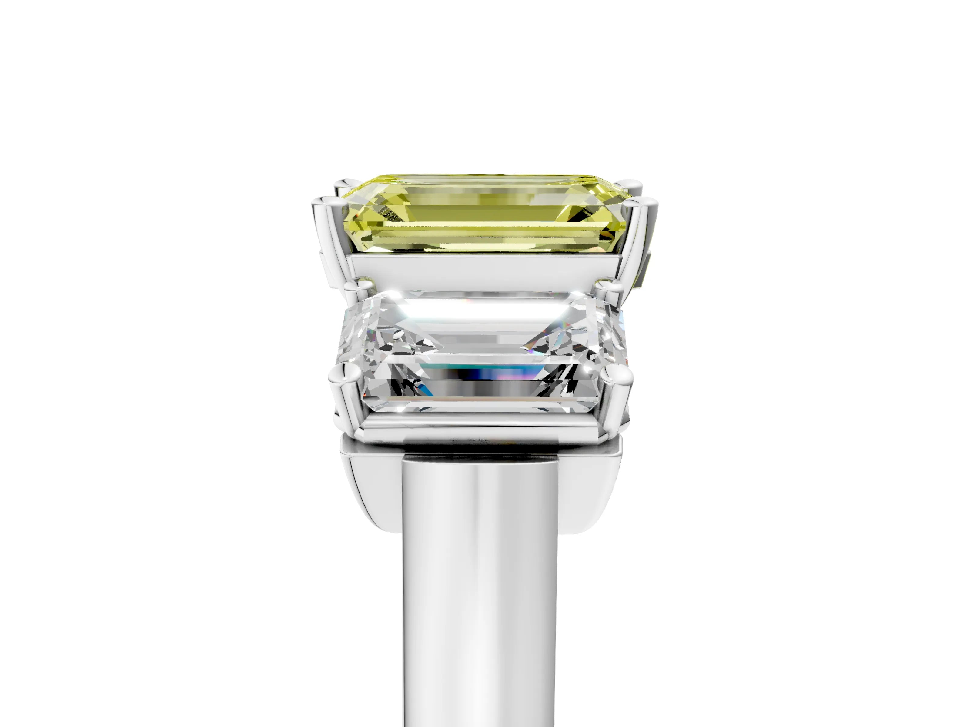 White gold Three-Stone Fancy Yellow Emerald Cut Brilliant Diamond Trellis Ring with Comfort Fit Band_17