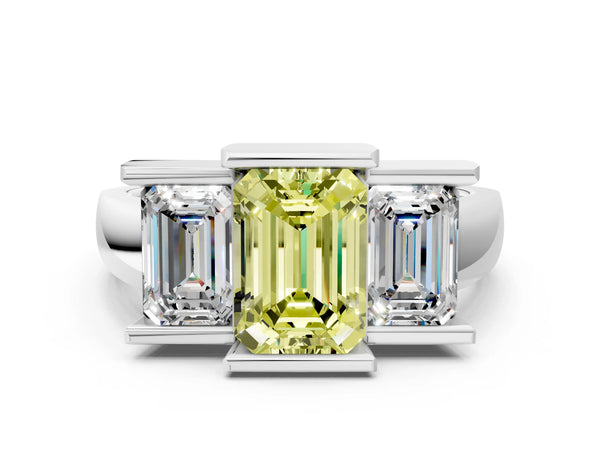 Platinum Three Stone Fancy Yellow Emerald Cut Cut Channel Set Diamond Ring