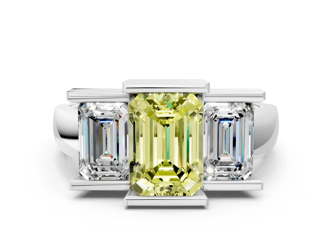 White gold Three Stone Fancy Yellow Emerald Cut Cut Channel Set Diamond Ring_36