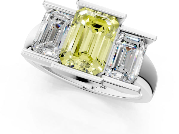 Platinum Three Stone Fancy Yellow Emerald Cut Cut Channel Set Diamond Ring