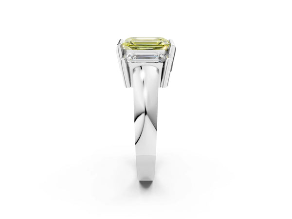 Platinum Three Stone Fancy Yellow Emerald Cut Cut Channel Set Diamond Ring