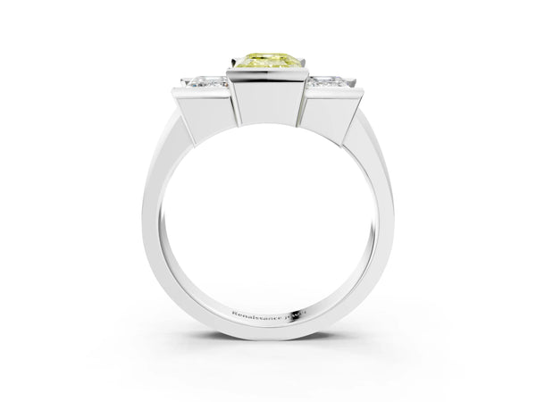Platinum Three Stone Fancy Yellow Emerald Cut Cut Channel Set Diamond Ring