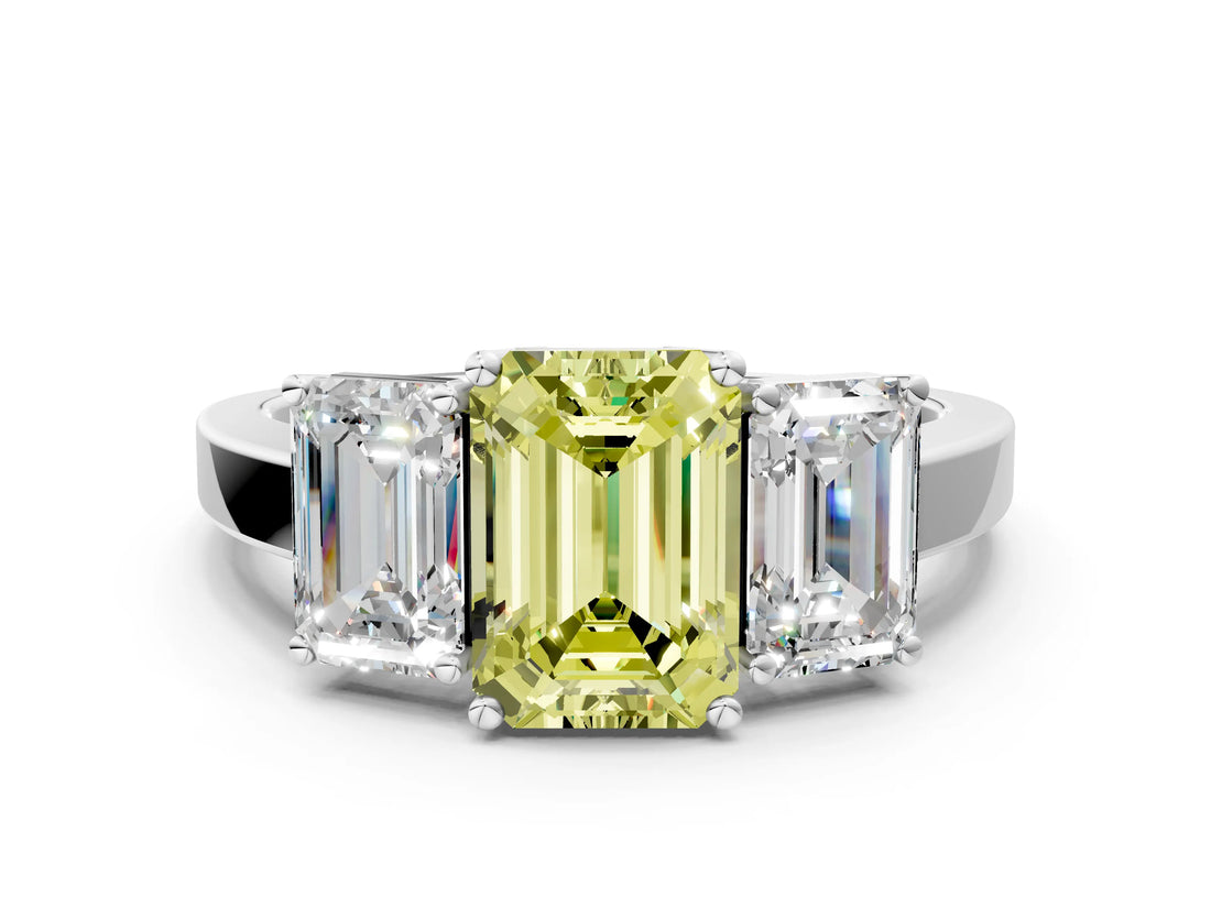 White gold Three-Stone Fancy Yellow Emerald Cut Cut Diamond Engagement Ring with Flat Band and Four-Prong Setting_12