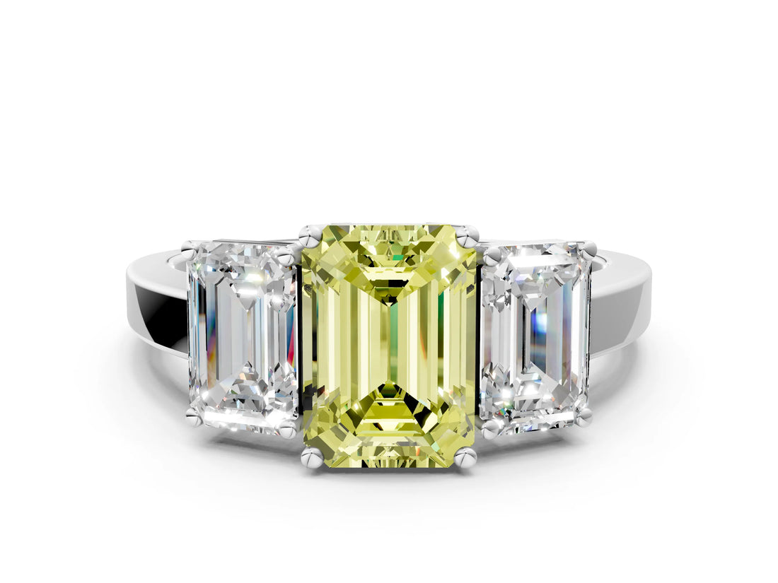 White gold Three-Stone Fancy Yellow Emerald Cut Cut Diamond Engagement Ring with Flat Band and Four-Prong Setting_12