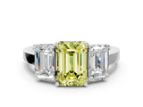 White gold Three-Stone Fancy Yellow Emerald Cut Cut Diamond Engagement Ring with Flat Band and Four-Prong Setting_12