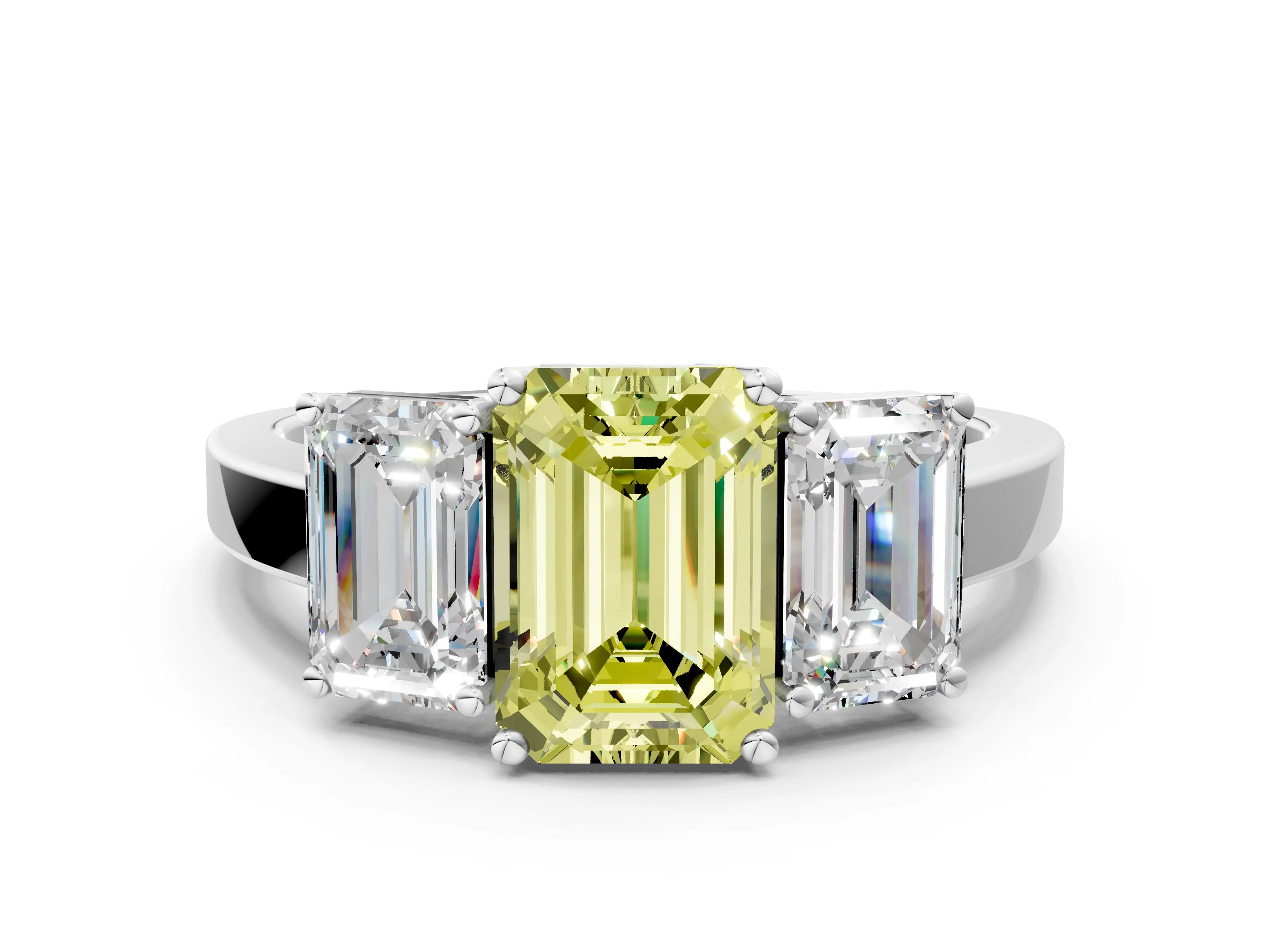 White gold Three-Stone Fancy Yellow Emerald Cut Cut Diamond Engagement Ring with Flat Band and Four-Prong Setting_12