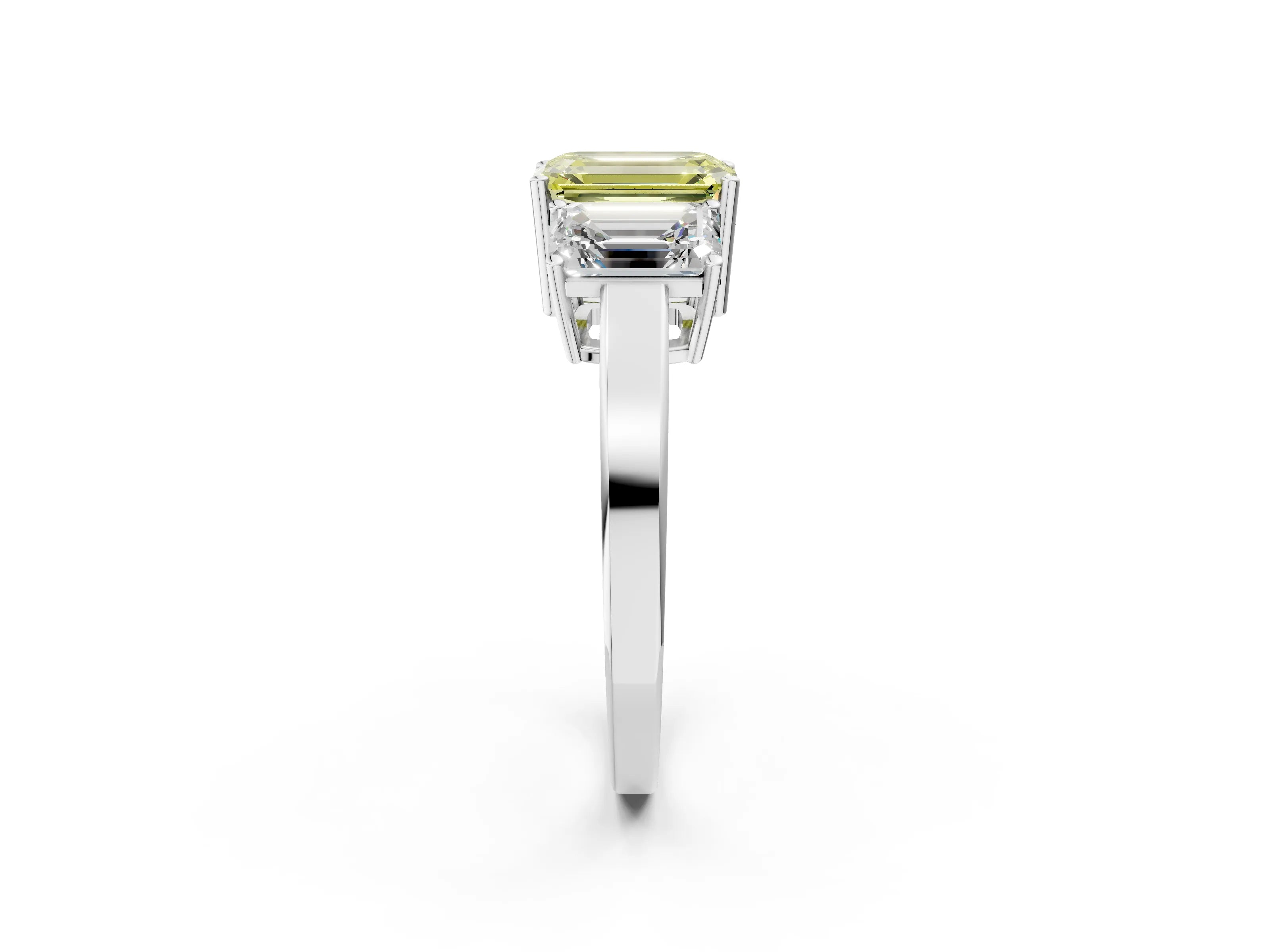 White gold Three-Stone Fancy Yellow Emerald Cut Cut Diamond Engagement Ring with Flat Band and Four-Prong Setting_14