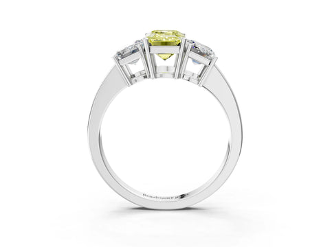 White gold Three-Stone Fancy Yellow Emerald Cut Cut Diamond Engagement Ring with Flat Band and Four-Prong Setting_15