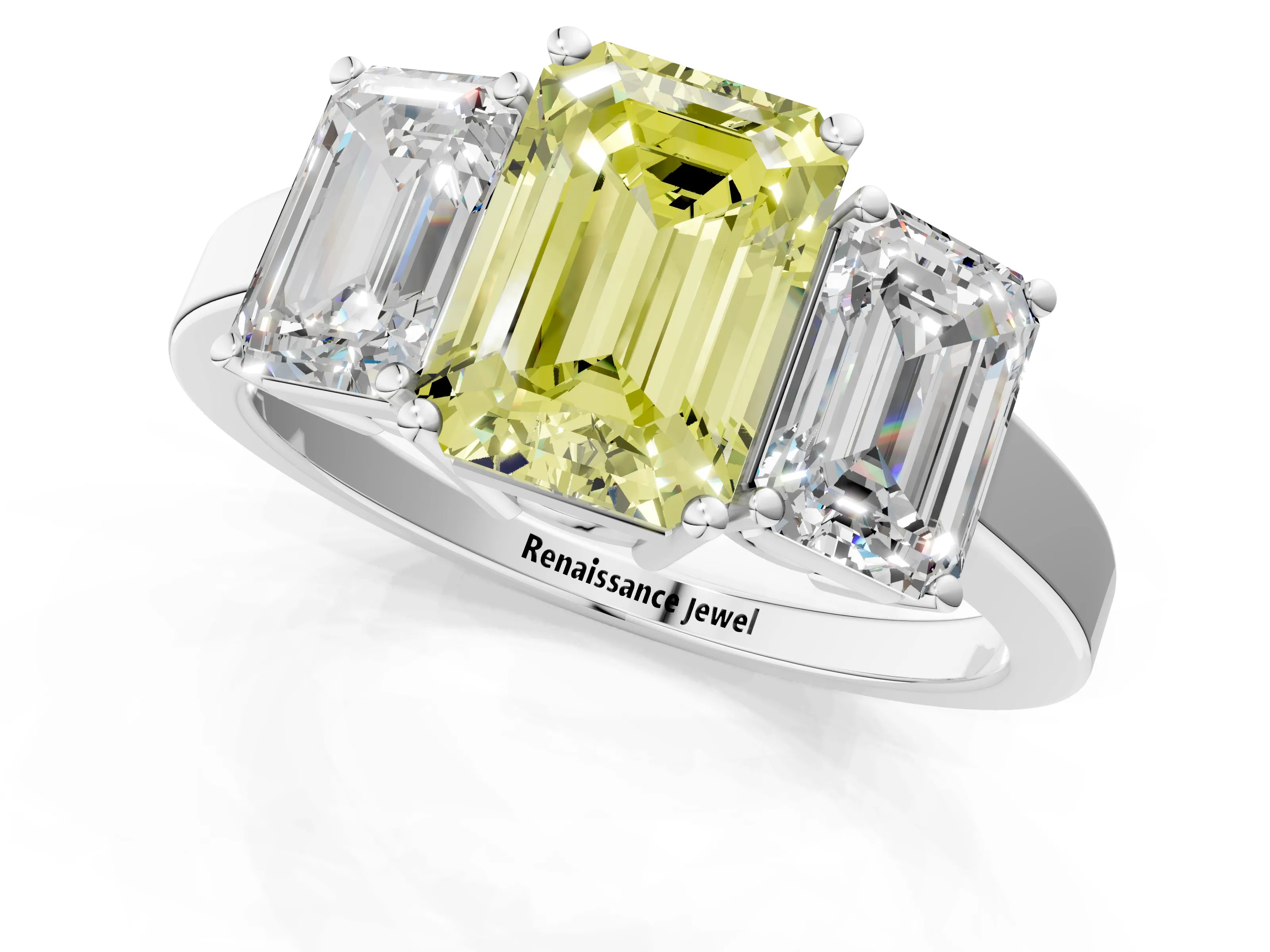 White gold Three-Stone Fancy Yellow Emerald Cut Cut Diamond Engagement Ring with Flat Band and Four-Prong Setting_1