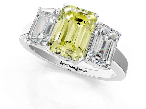 White gold Three-Stone Fancy Yellow Emerald Cut Cut Diamond Engagement Ring with Flat Band and Four-Prong Setting_1