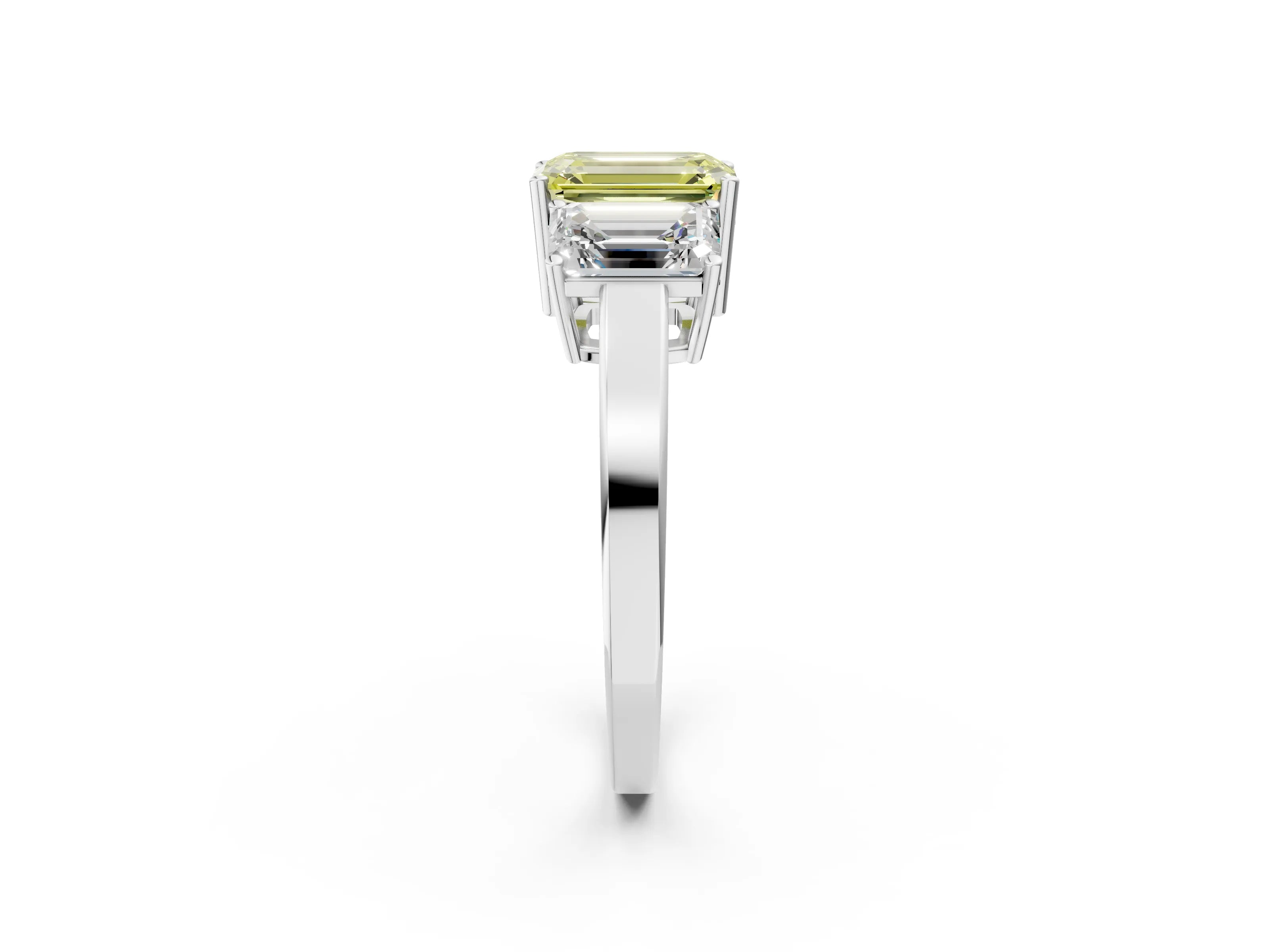 White gold Three-Stone Fancy Yellow Emerald Cut Cut Diamond Engagement Ring with Flat Band and Four-Prong Setting_2