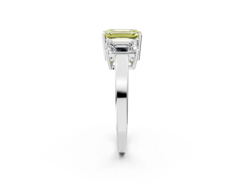 White gold Three-Stone Fancy Yellow Emerald Cut Cut Diamond Engagement Ring with Flat Band and Four-Prong Setting_2