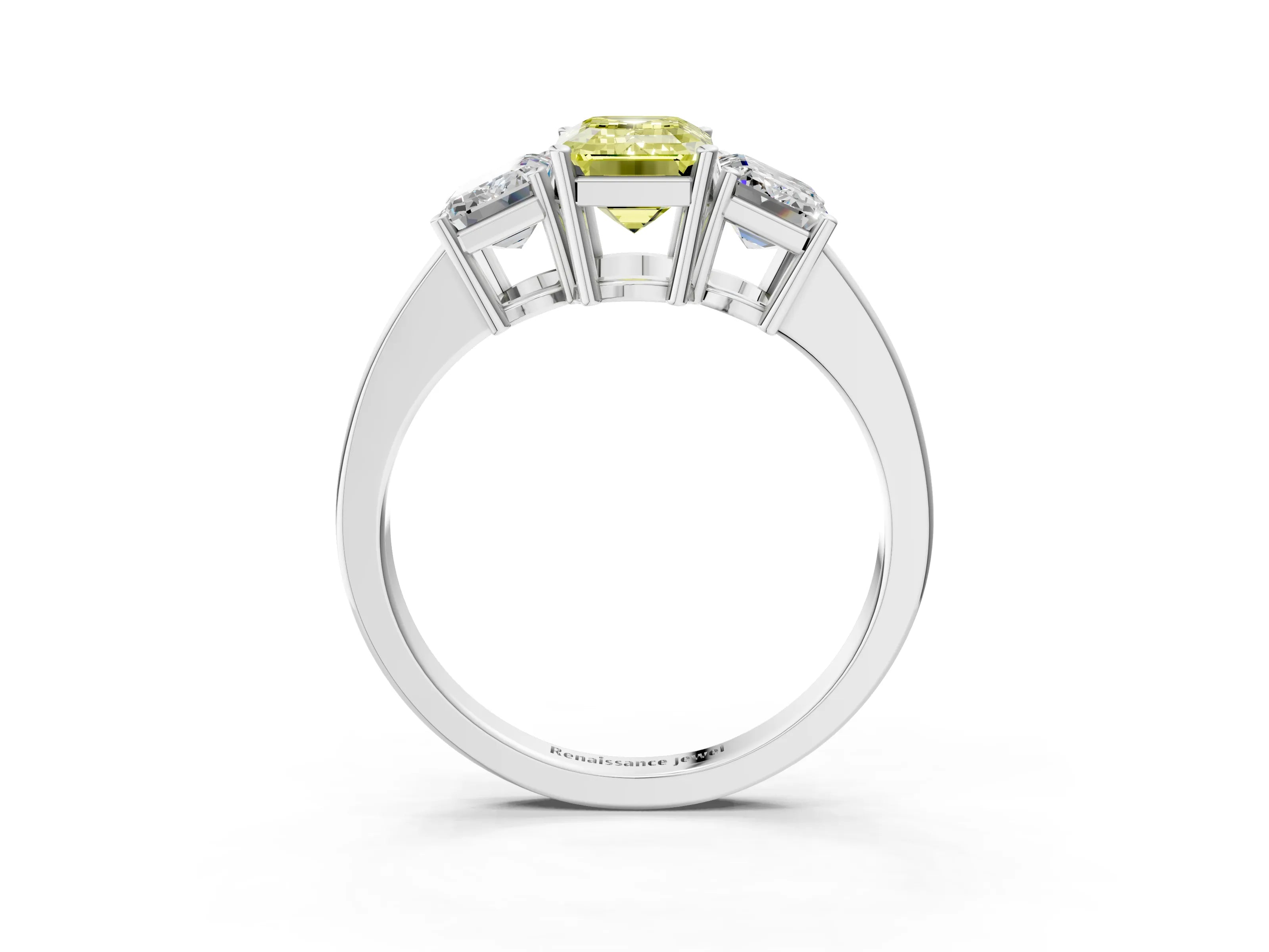 White gold Three-Stone Fancy Yellow Emerald Cut Cut Diamond Engagement Ring with Flat Band and Four-Prong Setting_3