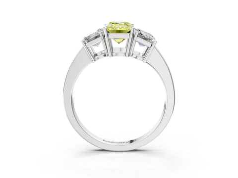 White gold Three-Stone Fancy Yellow Emerald Cut Cut Diamond Engagement Ring with Flat Band and Four-Prong Setting_3