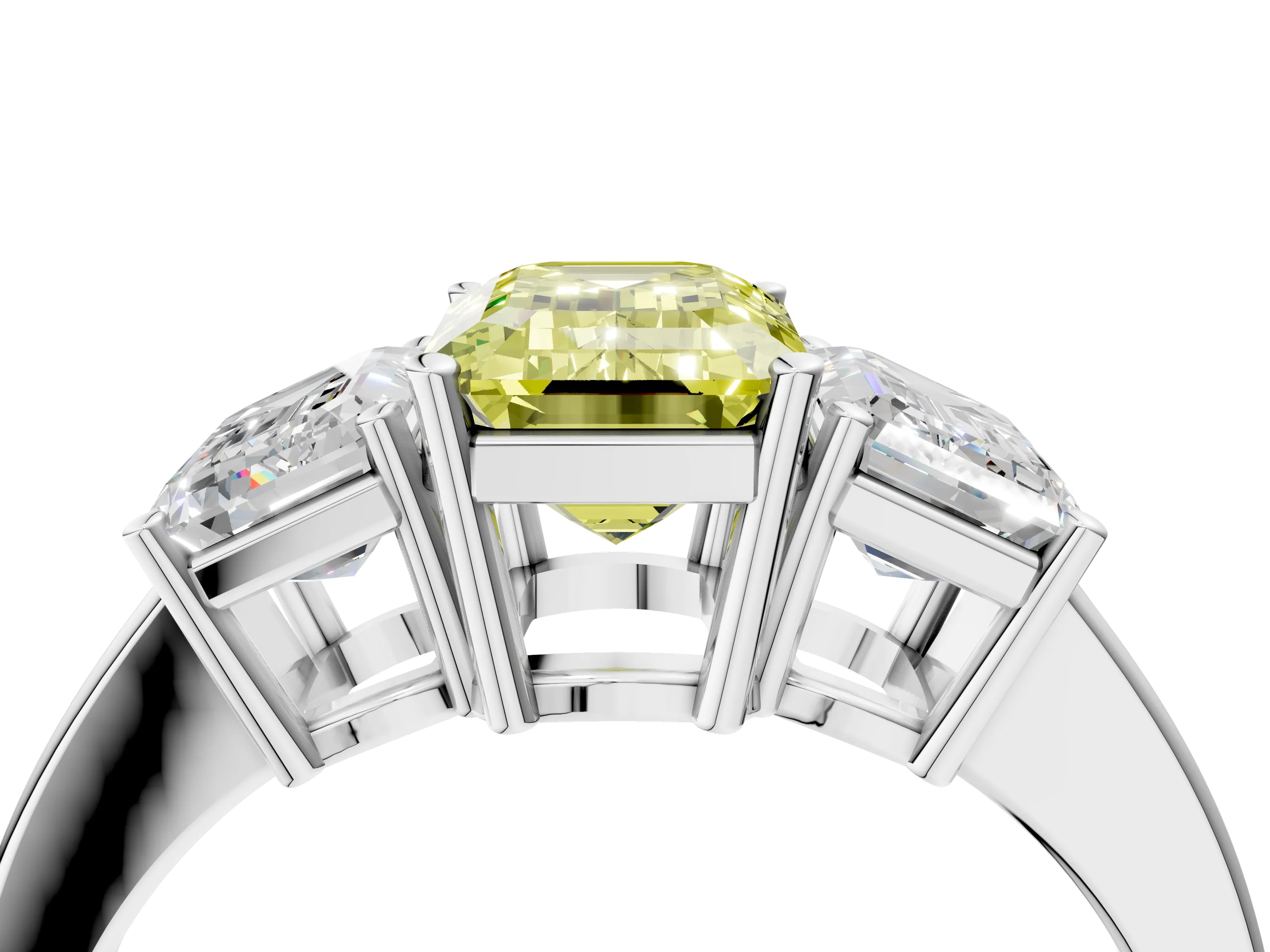White gold Three-Stone Fancy Yellow Emerald Cut Cut Diamond Engagement Ring with Flat Band and Four-Prong Setting_4