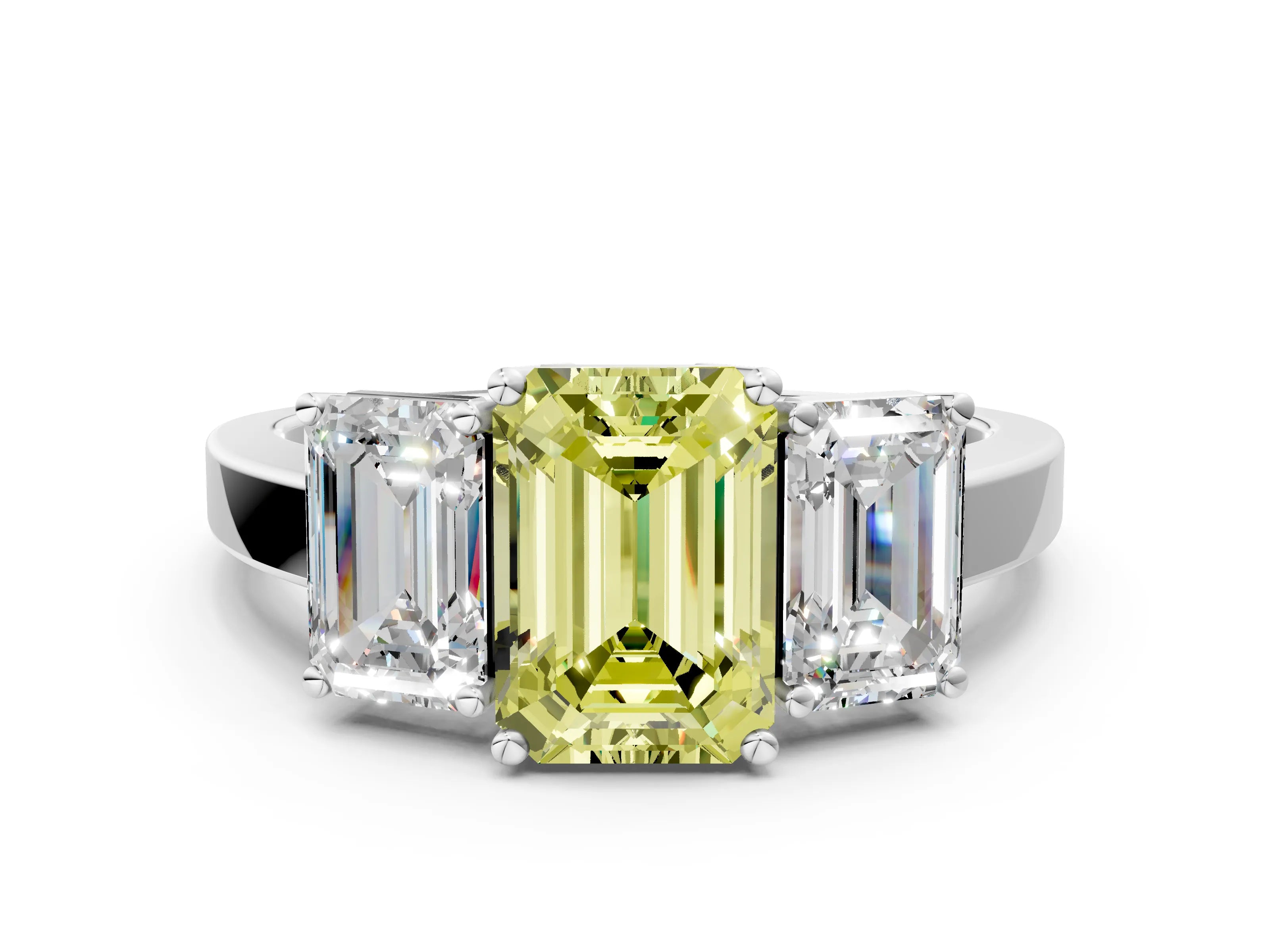White gold Three-Stone Fancy Yellow Emerald Cut Cut Diamond Engagement Ring with Flat Band and Four-Prong Setting