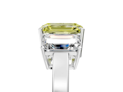 White gold Three-Stone Fancy Yellow Emerald Cut Cut Diamond Engagement Ring with Flat Band and Four-Prong Setting_5