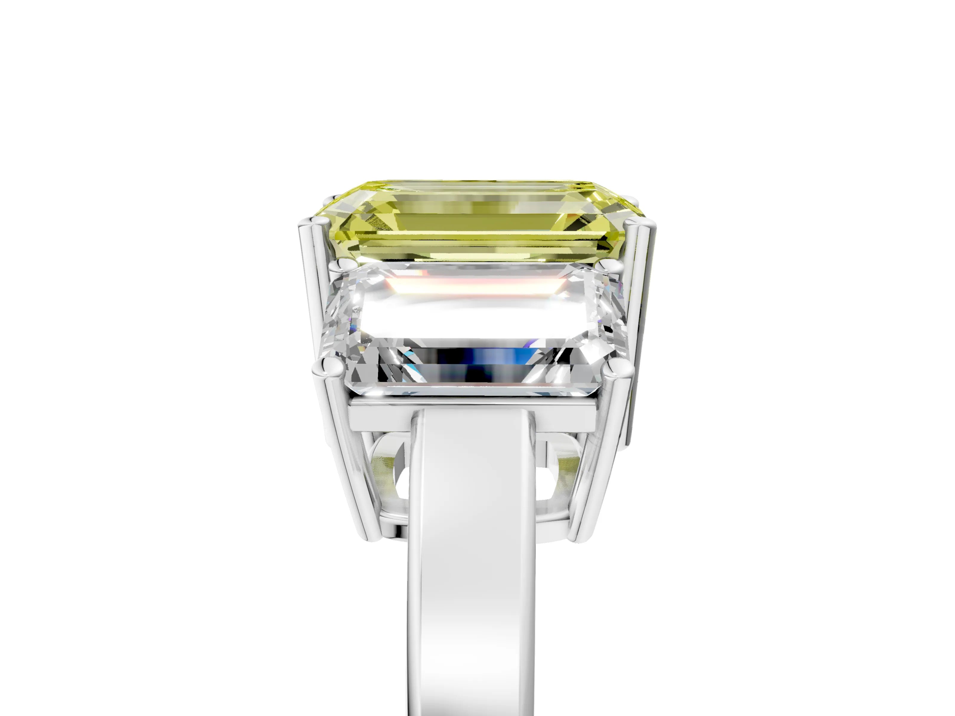White gold Three-Stone Fancy Yellow Emerald Cut Cut Diamond Engagement Ring with Flat Band and Four-Prong Setting_5