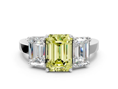 White gold Three-Stone Fancy Yellow Emerald Cut Cut Diamond Engagement Ring with Flat Band and Four-Prong Setting