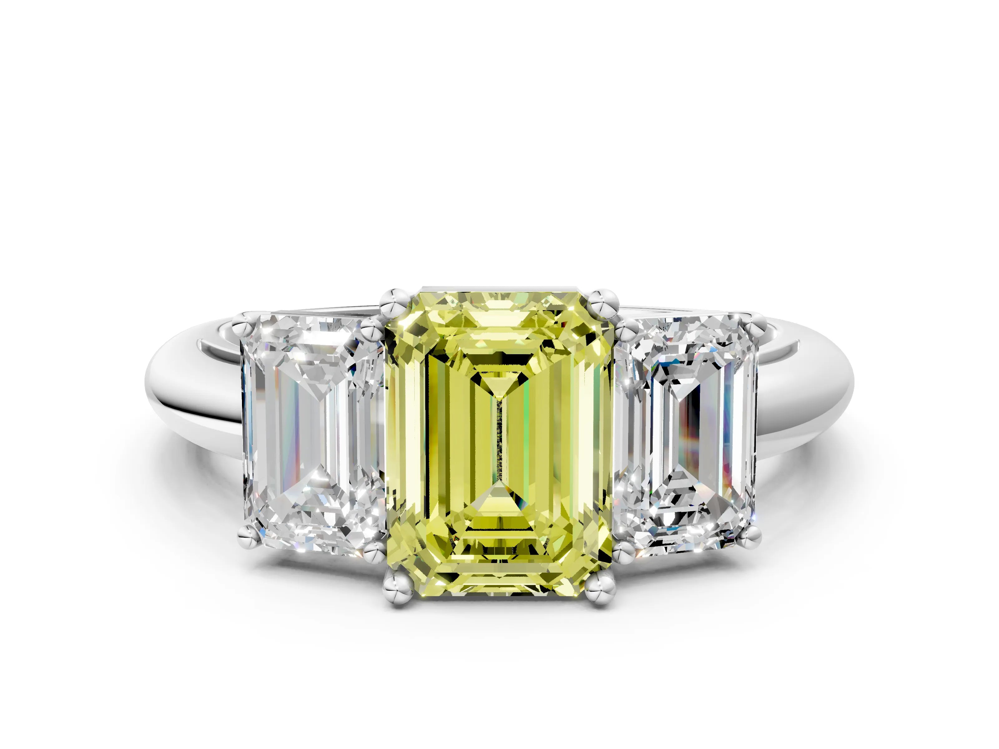 White gold Three-Stone Fancy Yellow Emerald Cut Cut Diamond Engagement Ring with Prong Setting on a White Gold Band_12